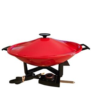 MCM 70s West Bend Electric Wok Red Vintage 5109 1000W Non-Stick 14 Inch Lid USA